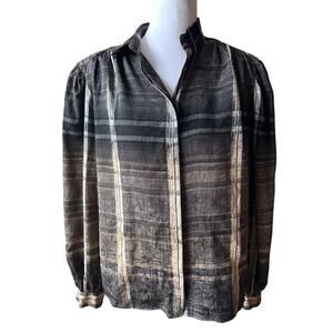 Betty Hanson 100% Silk Abstract Geometric Plaid Blouse Metallic Gold Stripe M 6